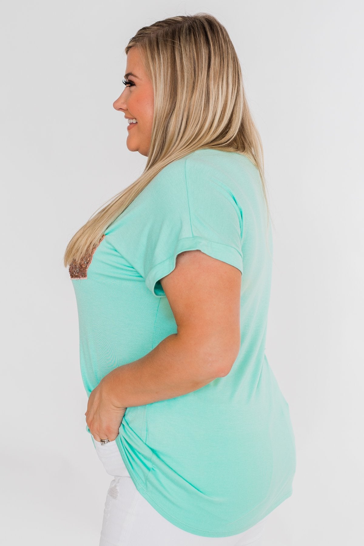 Attracted To You Sequin Pocket Top- Aqua