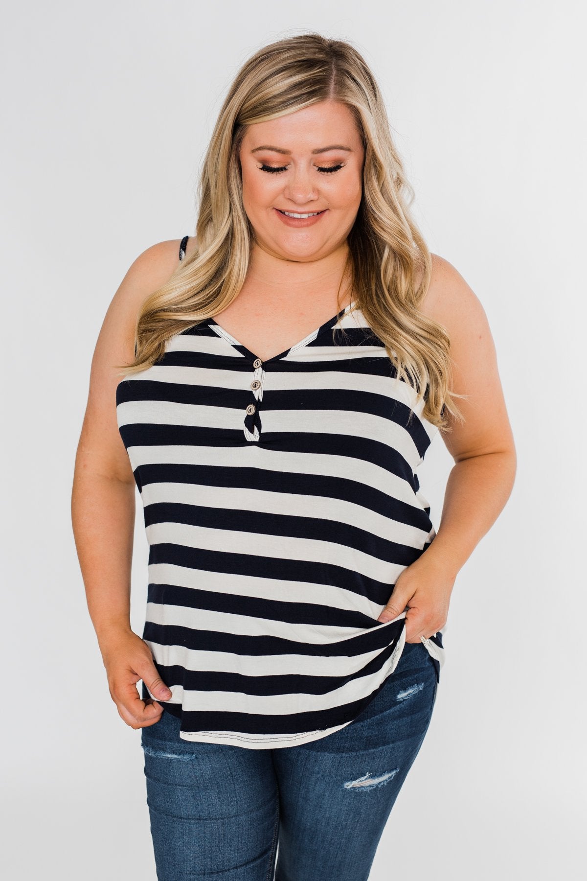 Give It To Me Striped Tank Top- Navy