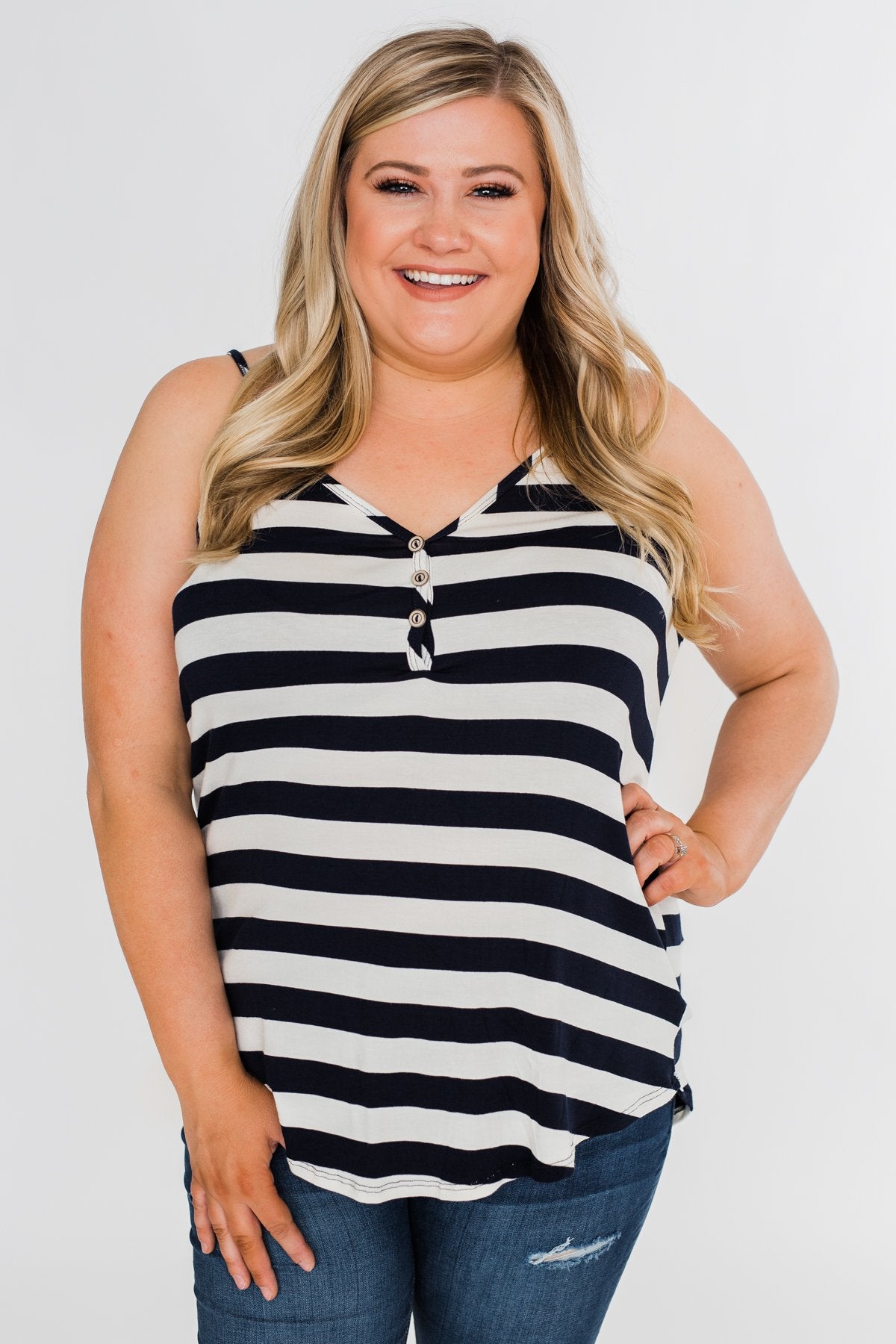 Give It To Me Striped Tank Top- Navy