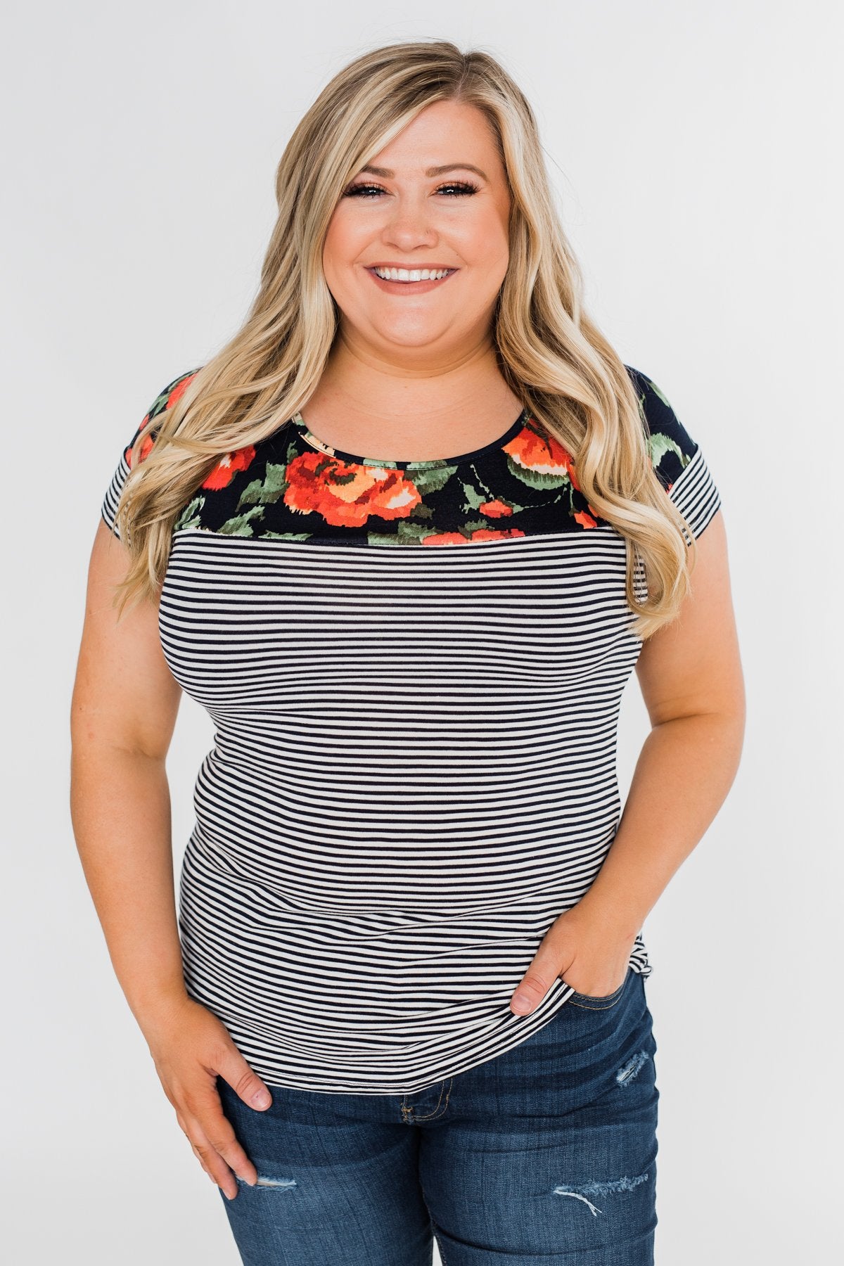 Floral Fever Short Sleeve Stripe and Floral Top - Navy