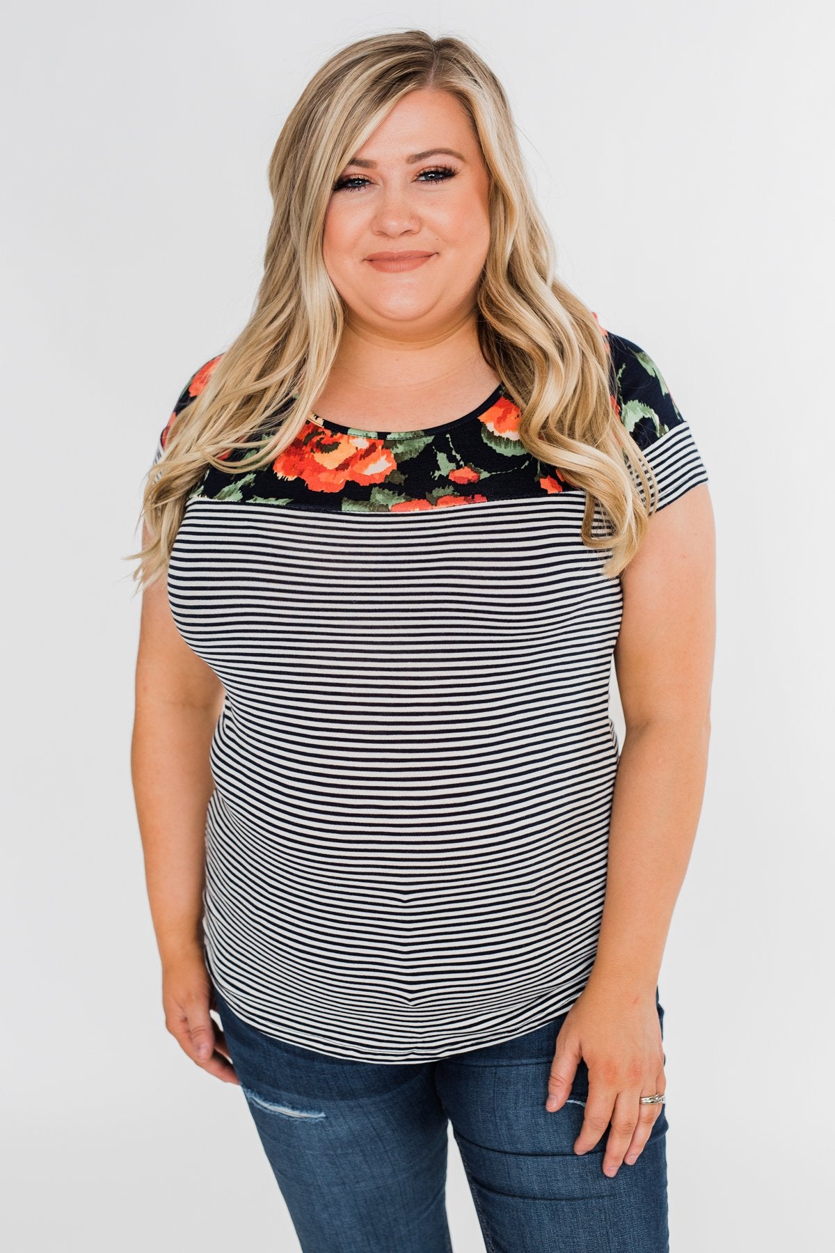 Floral Fever Short Sleeve Stripe and Floral Top - Navy