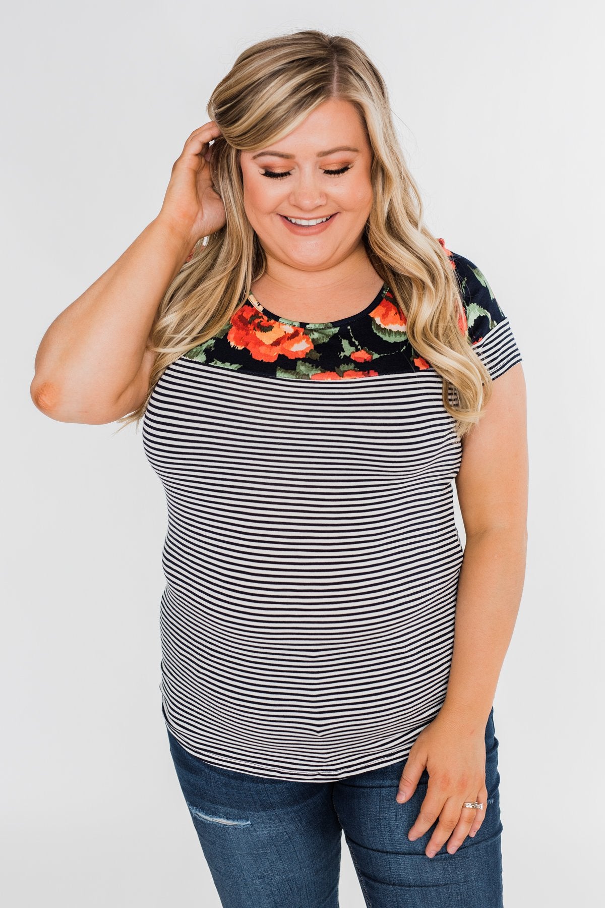 Floral Fever Short Sleeve Stripe and Floral Top - Navy