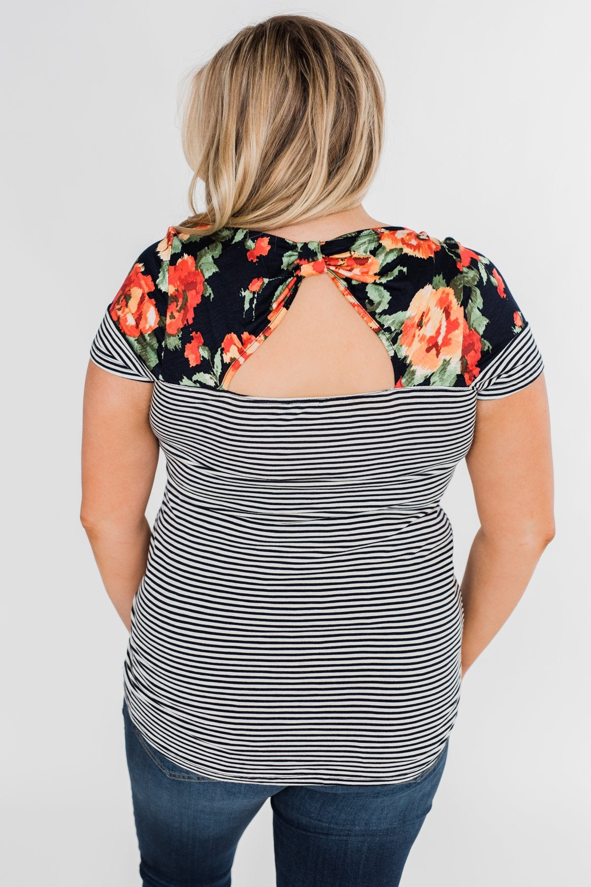 Floral Fever Short Sleeve Stripe and Floral Top - Navy
