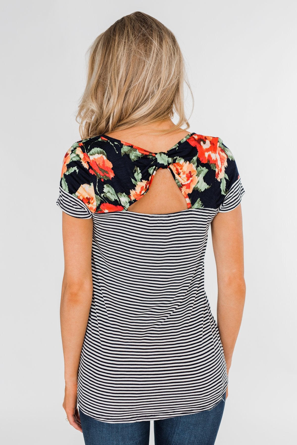 Floral Fever Short Sleeve Stripe and Floral Top - Navy