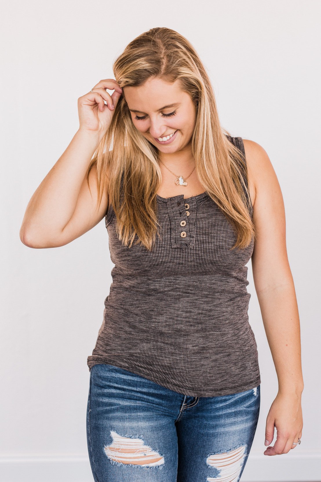 Wishful Thinking Button Henley Tank Top- Heathered Black