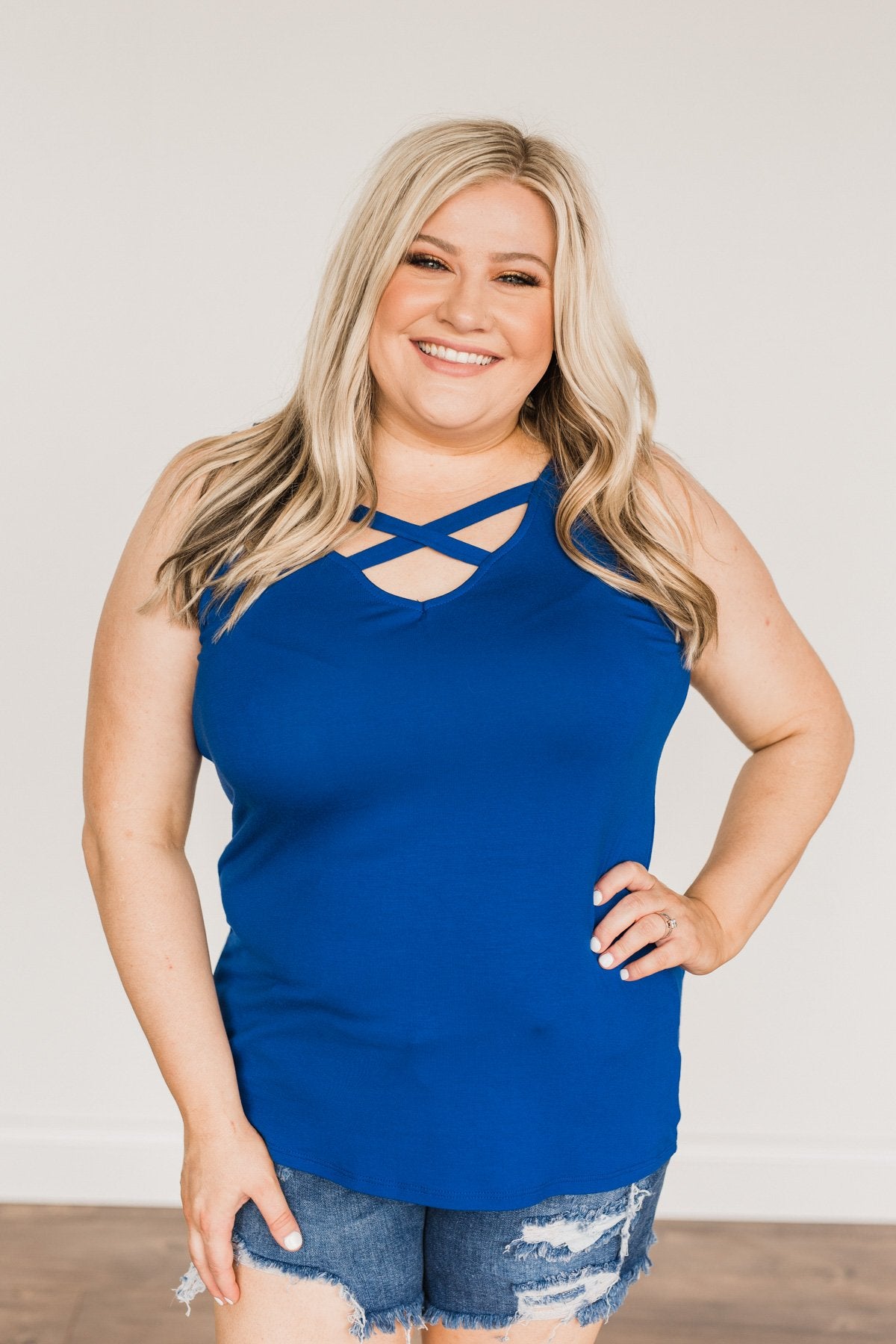 Places To Go Criss-Cross Tank Top- Royal Blue