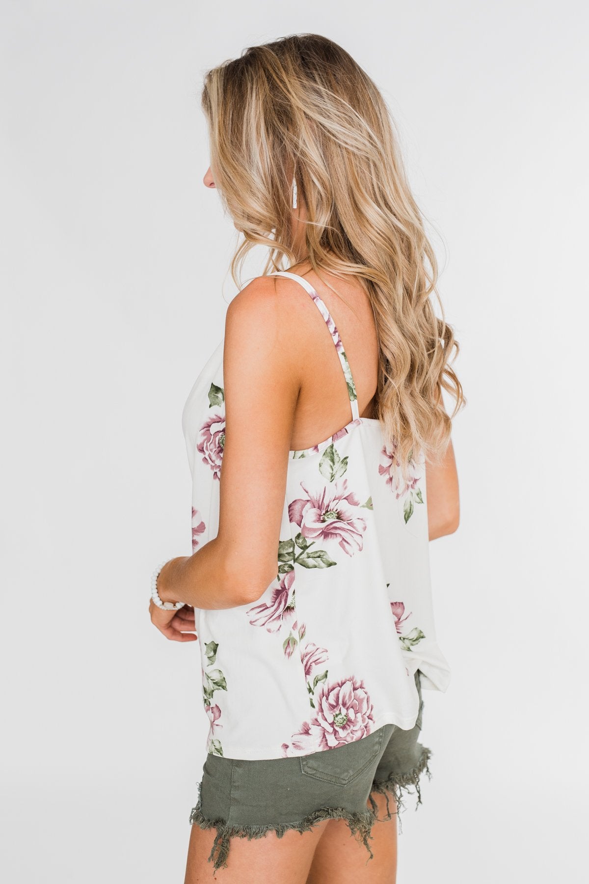 Floral Drape Neck Tank Top- Ivory