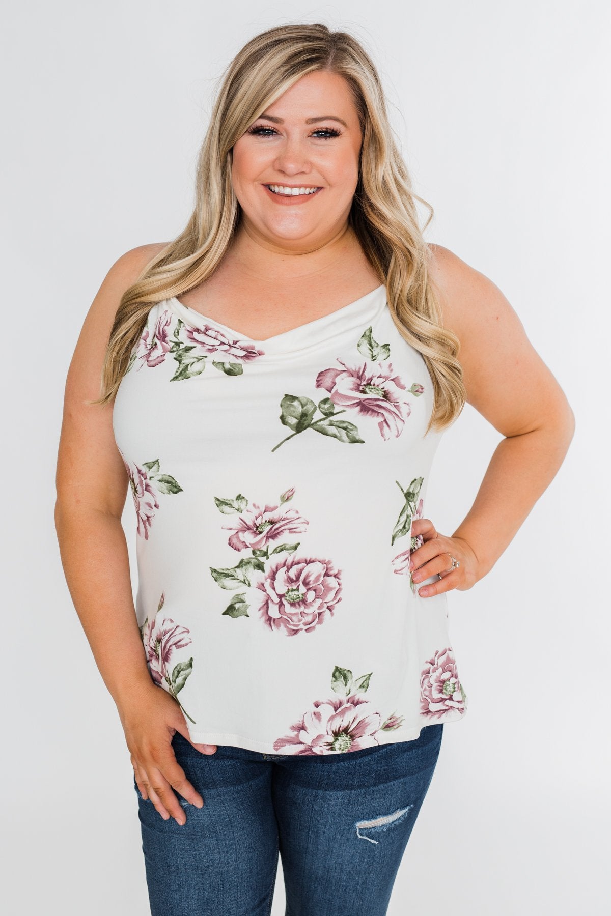 Floral Drape Neck Tank Top- Ivory