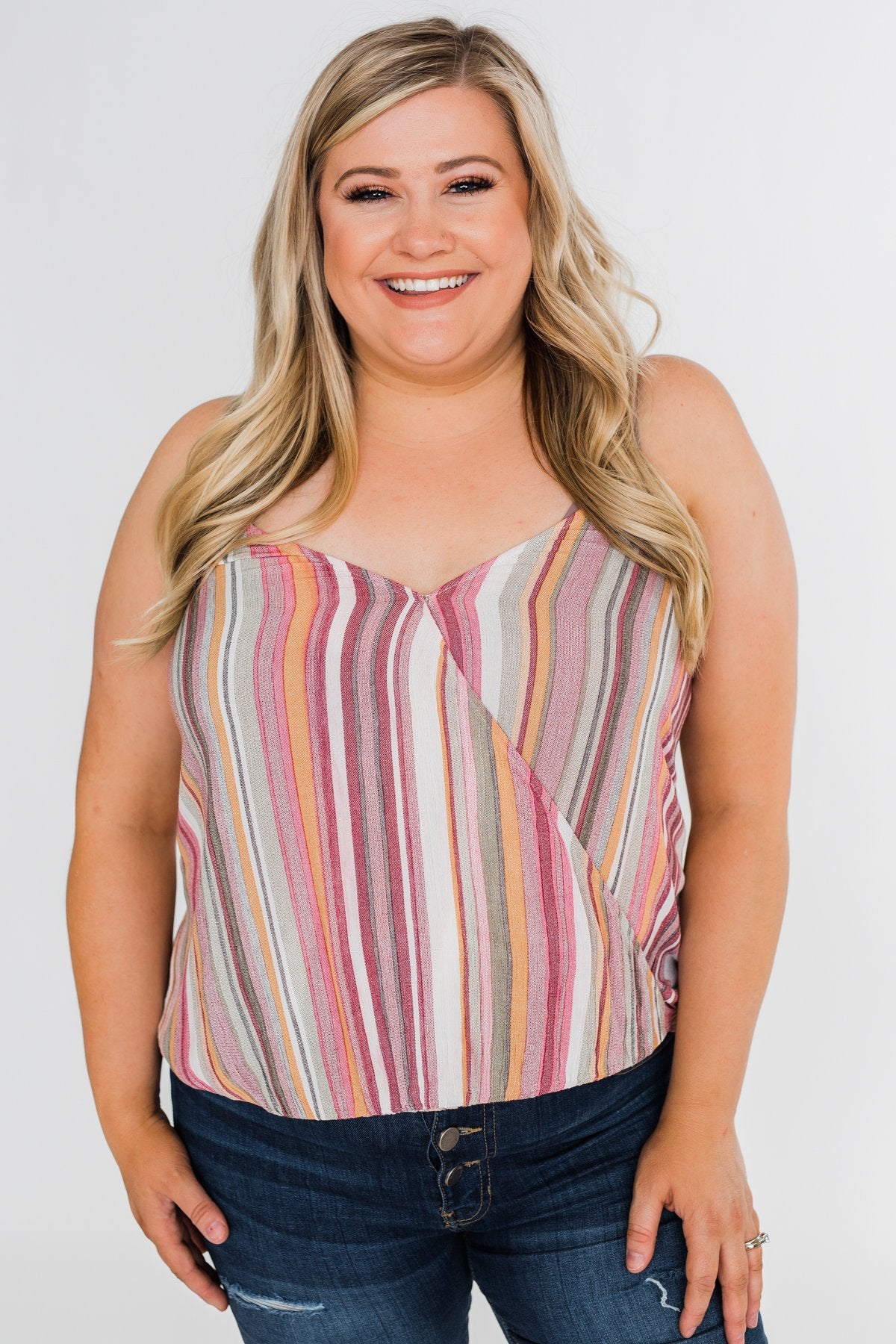 Colorful Stripe and Crochet Halter Tank Top- Purple & Taupe