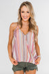 Colorful Stripe and Crochet Halter Tank Top- Purple & Taupe