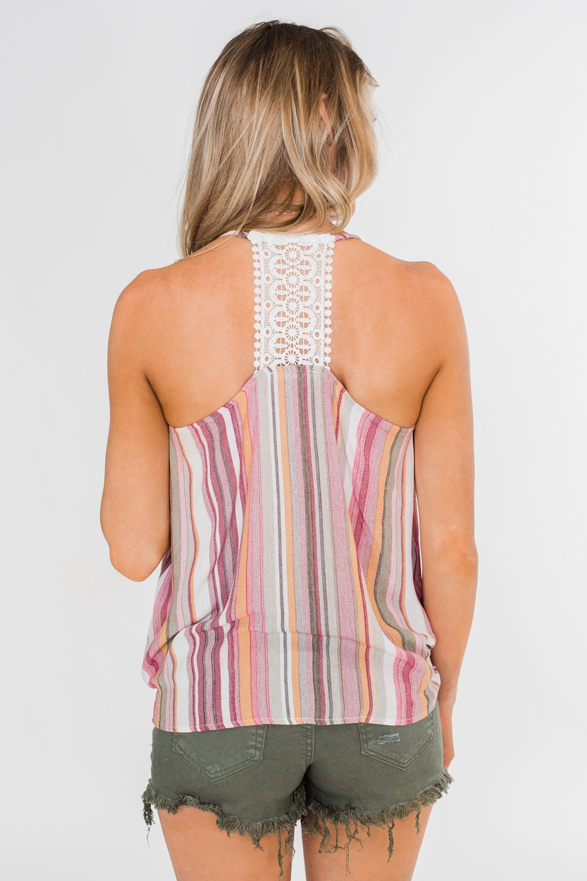 Colorful Stripe and Crochet Halter Tank Top- Purple & Taupe