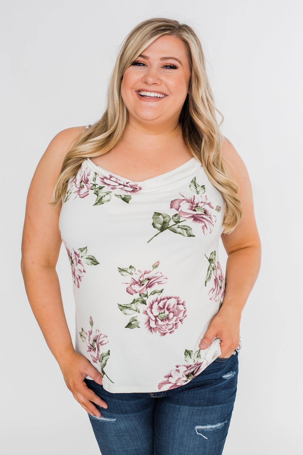 Floral Drape Neck Tank Top- Ivory
