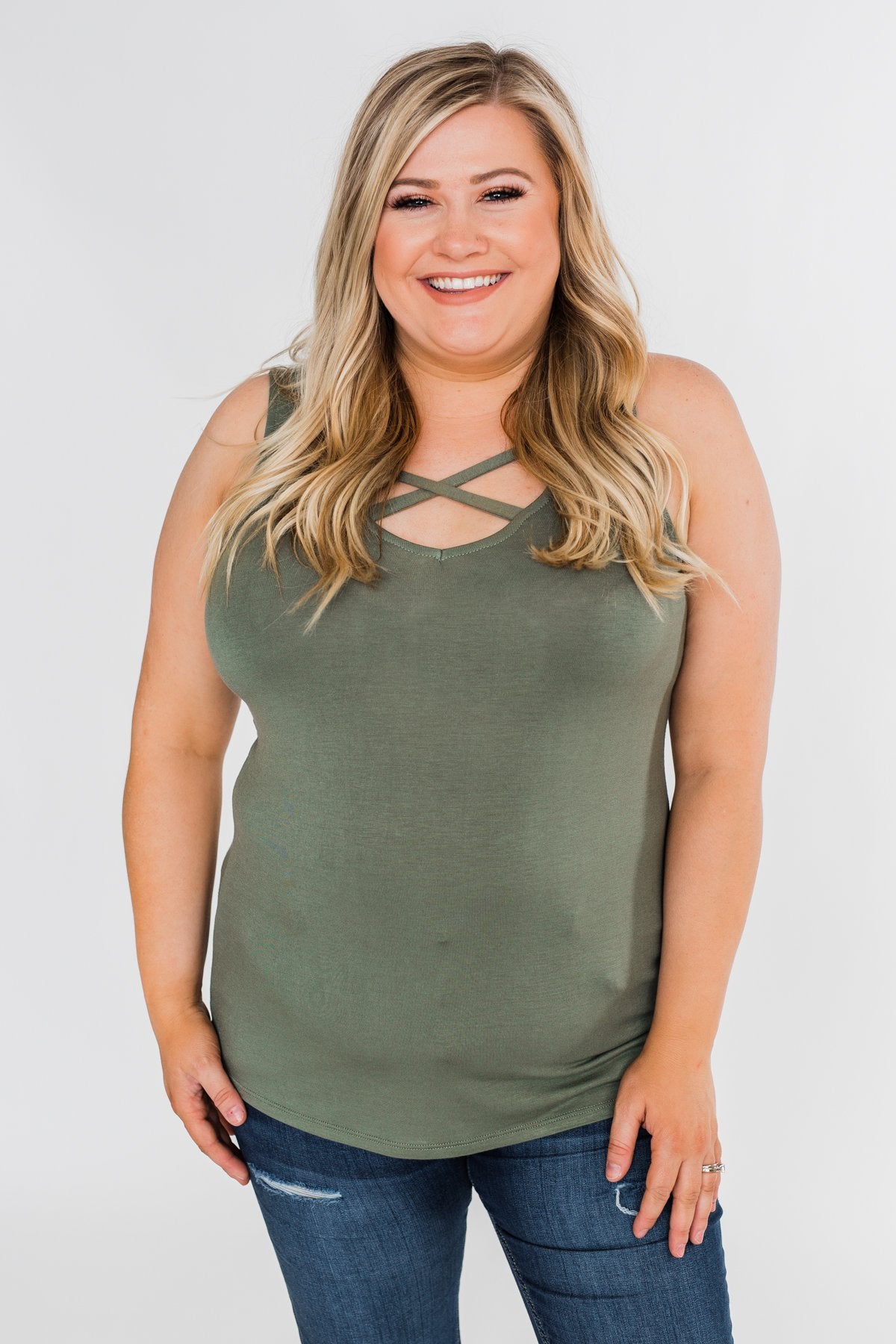 Places to Go Criss Cross Tank Top- Olive