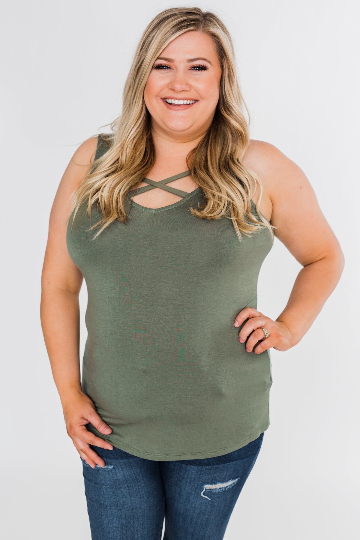Places to Go Criss Cross Tank Top- Olive