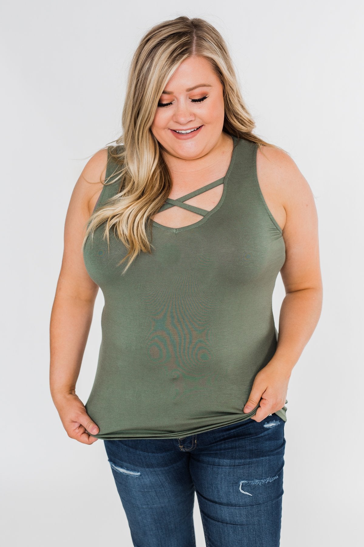 Places to Go Criss Cross Tank Top- Olive
