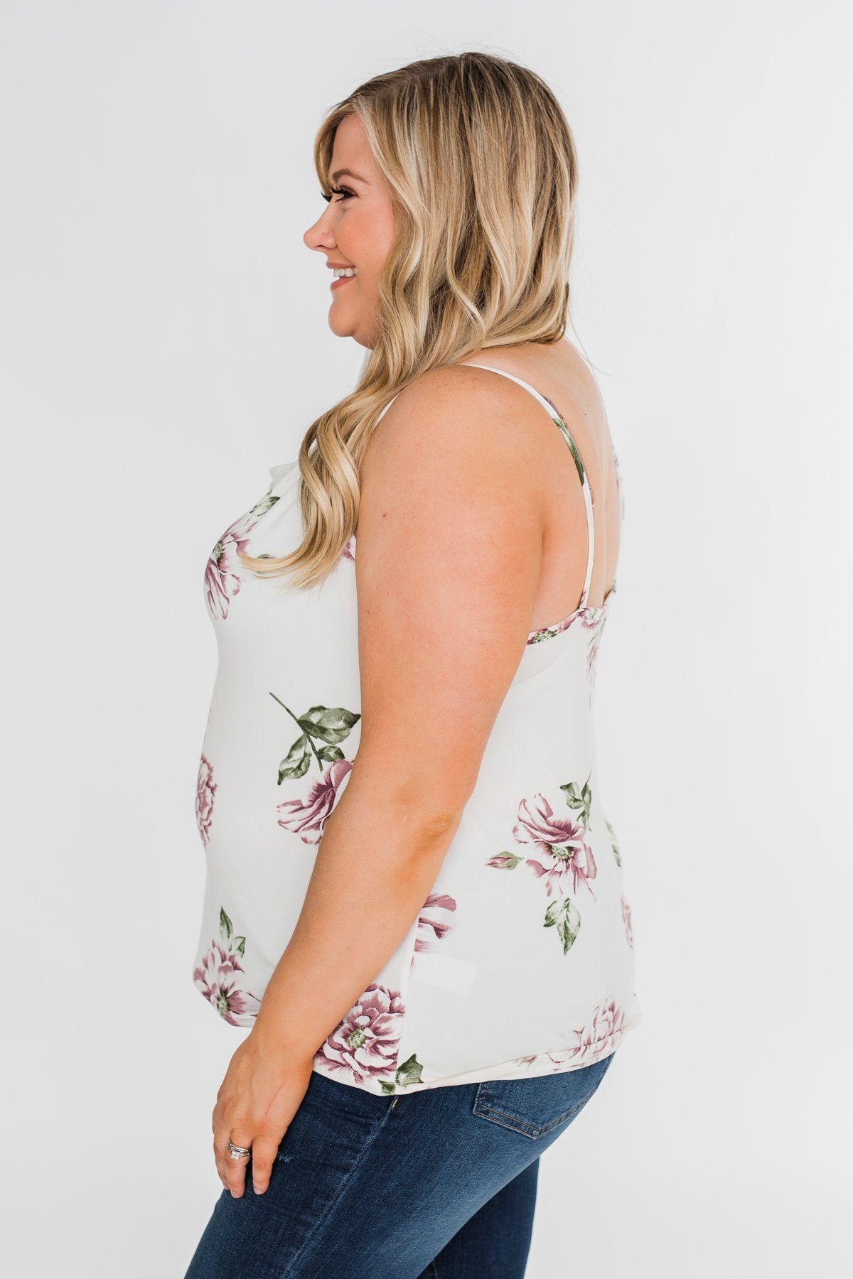 Floral Drape Neck Tank Top- Ivory