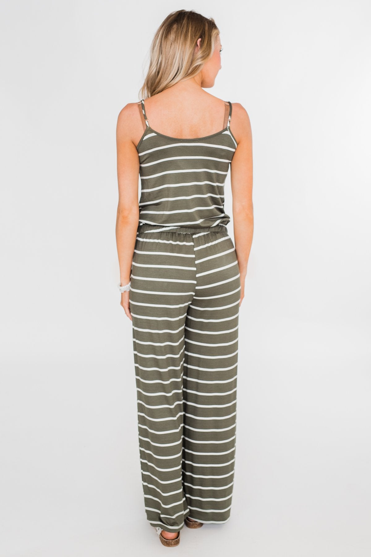 Striped Drawstring Jumpsuit- Ivory & Olive