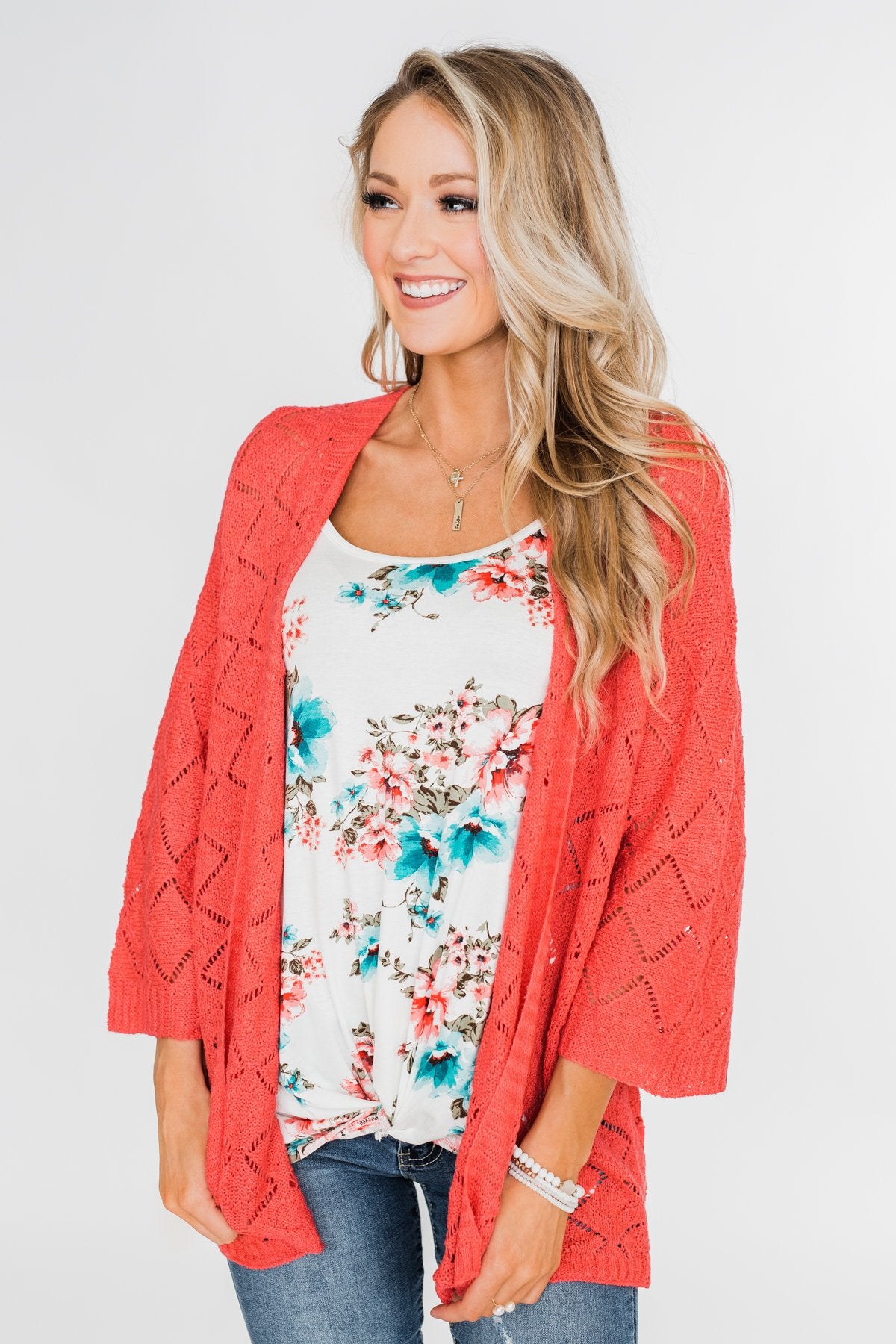 Pointtelle 3/4 Sleeve Cardigan- Coral