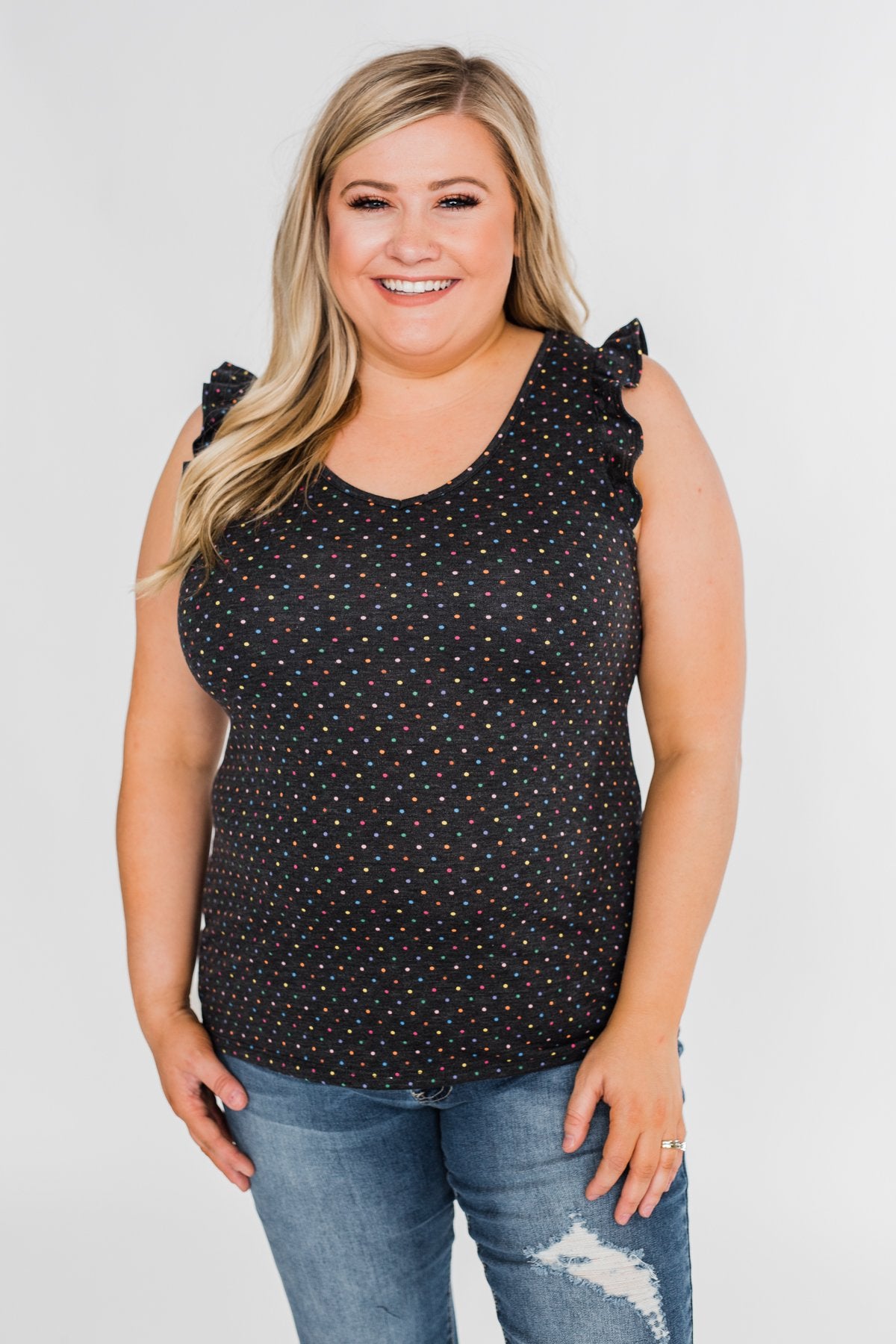Seeing Spots Ruffle Tank Top- Charcoal & Multi