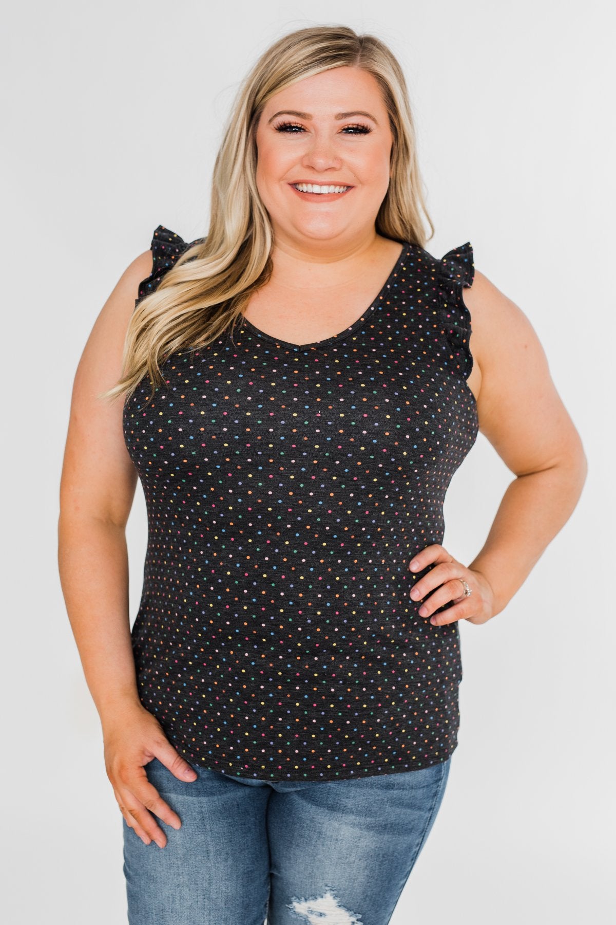 Seeing Spots Ruffle Tank Top- Charcoal & Multi