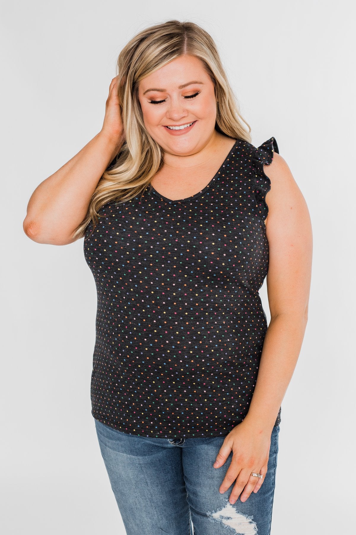 Seeing Spots Ruffle Tank Top- Charcoal & Multi