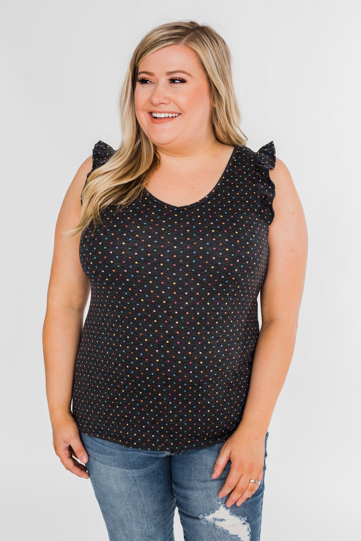 Seeing Spots Ruffle Tank Top- Charcoal & Multi