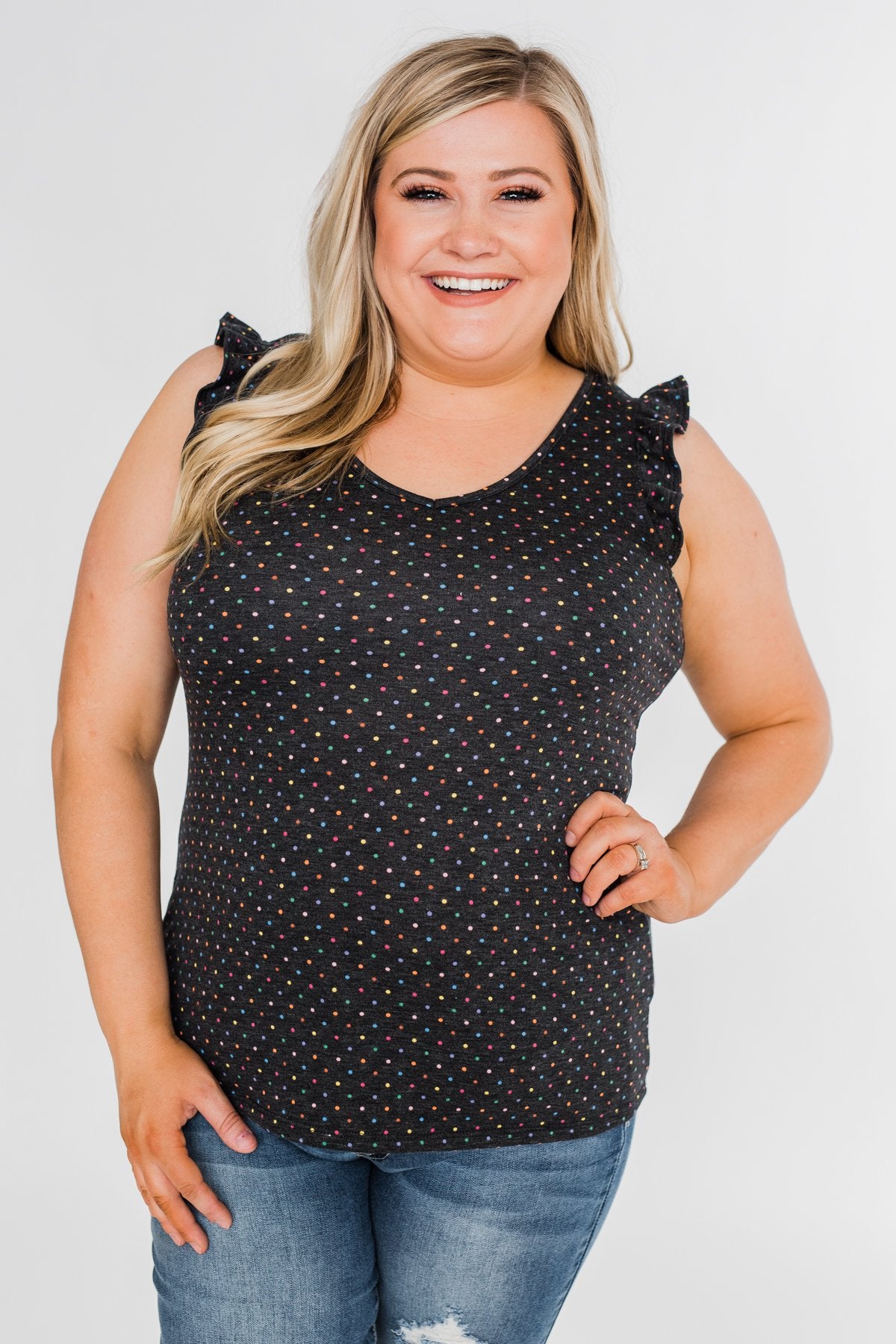 Seeing Spots Ruffle Tank Top- Charcoal & Multi