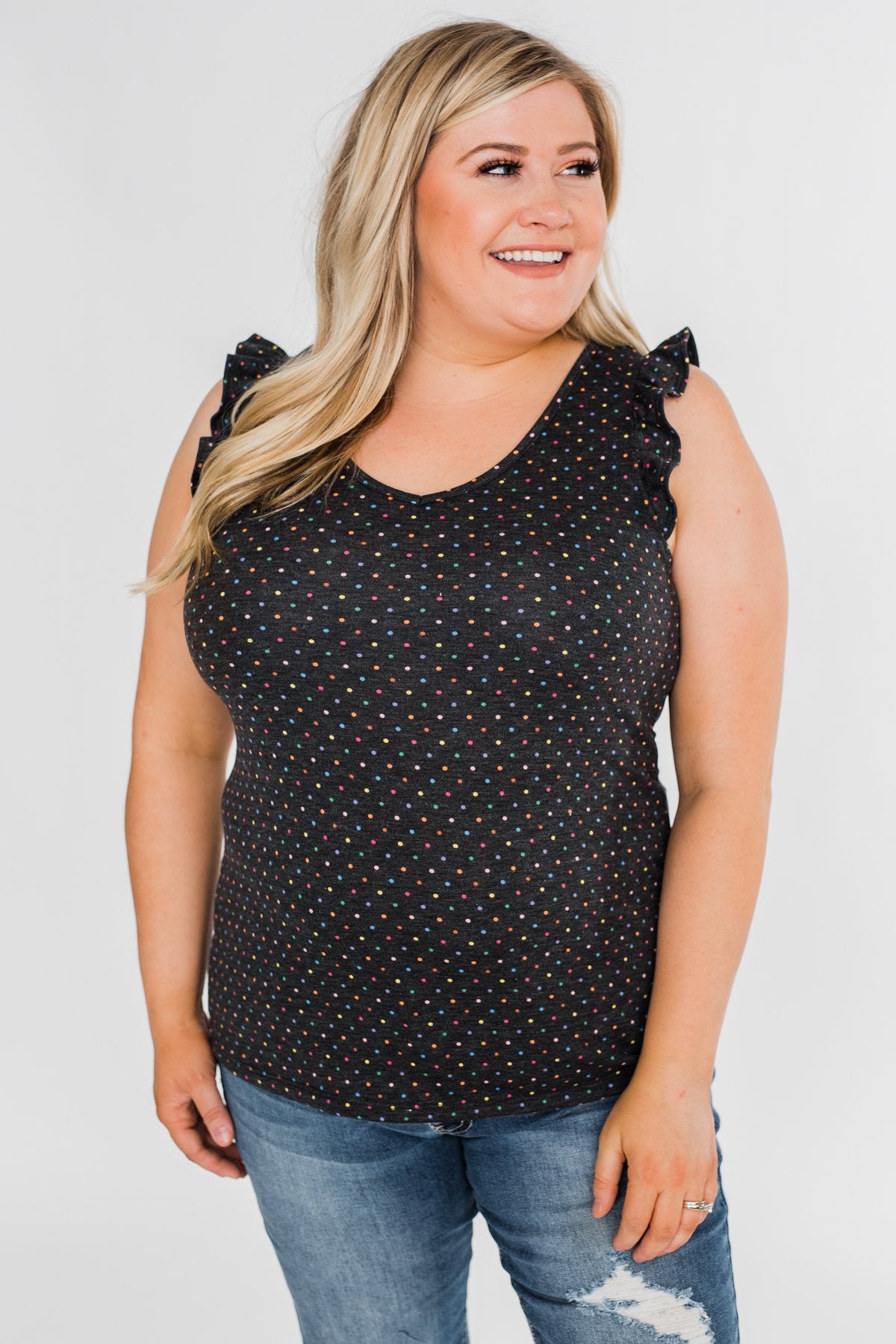 Seeing Spots Ruffle Tank Top- Charcoal & Multi