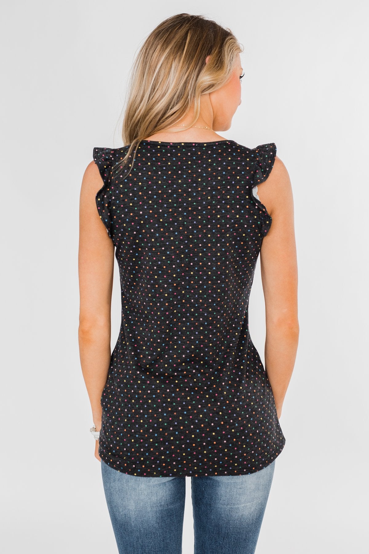 Seeing Spots Ruffle Tank Top- Charcoal & Multi