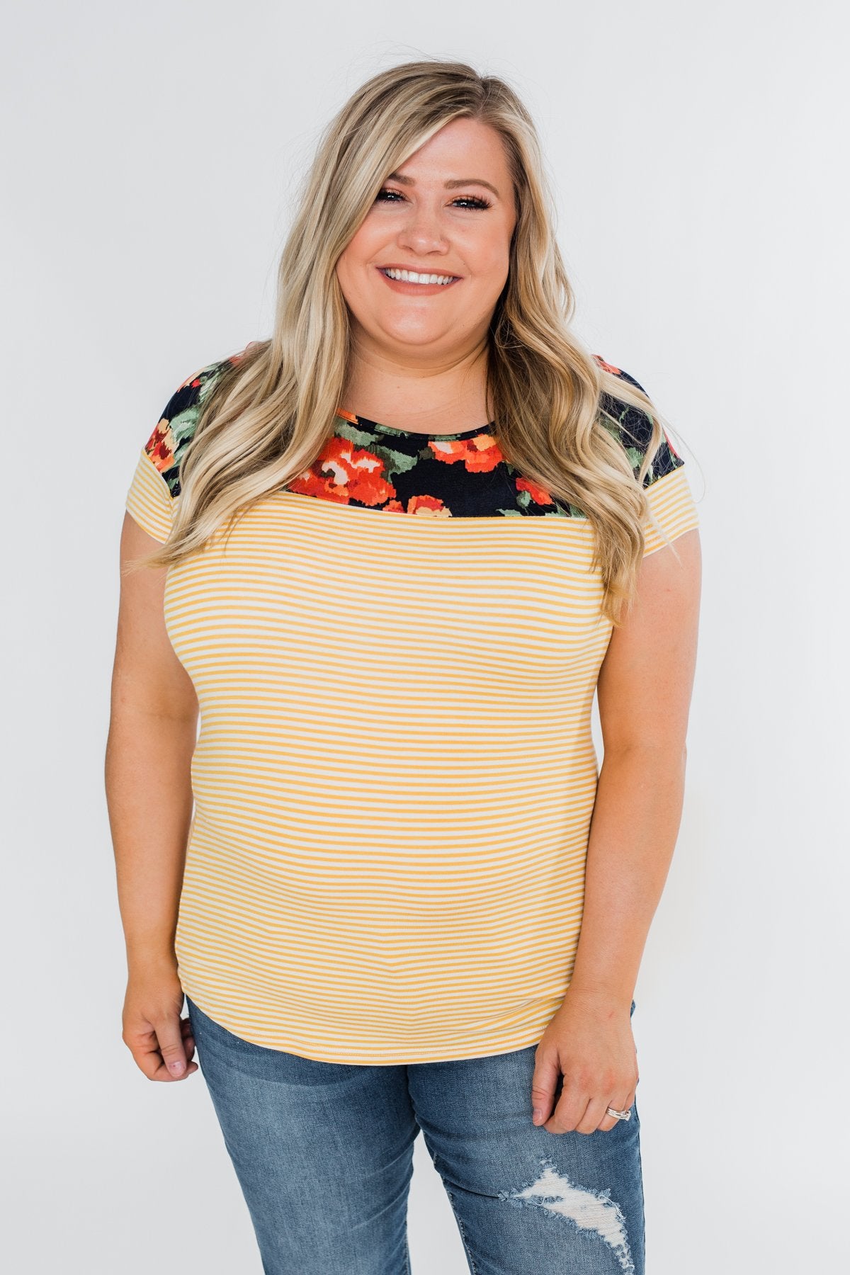 Floral Fever Short Sleeve Stripe and Floral Top - Yellow