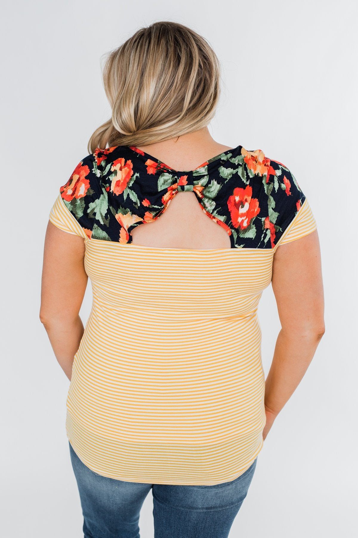 Floral Fever Short Sleeve Stripe and Floral Top - Yellow