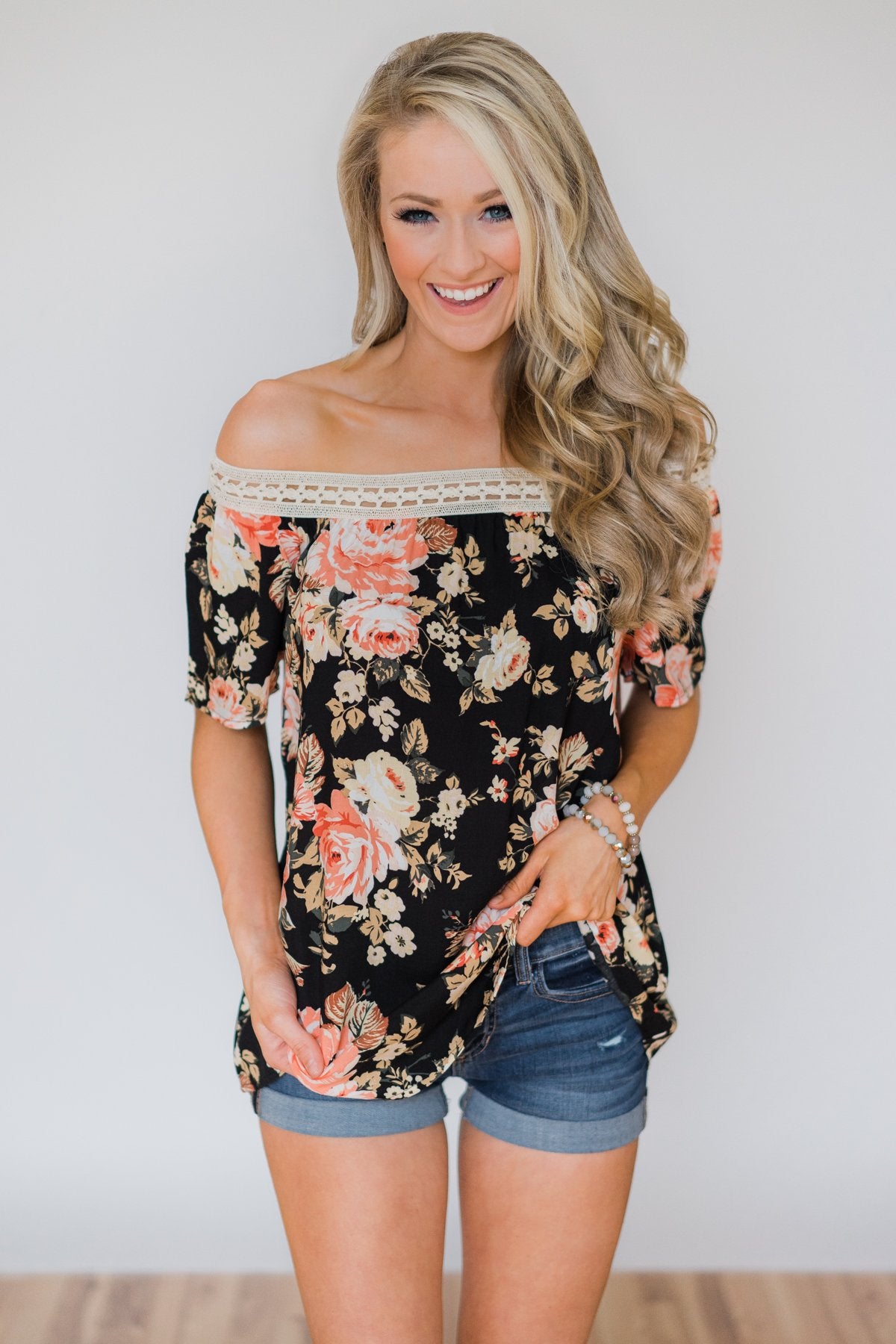 Woven Into Perfection Off the Shoulder Floral Top- Black