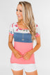 Color Block Short Sleeve Floral Top- Pink & Blue