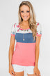 Color Block Short Sleeve Floral Top- Pink & Blue
