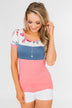 Color Block Short Sleeve Floral Top- Pink & Blue