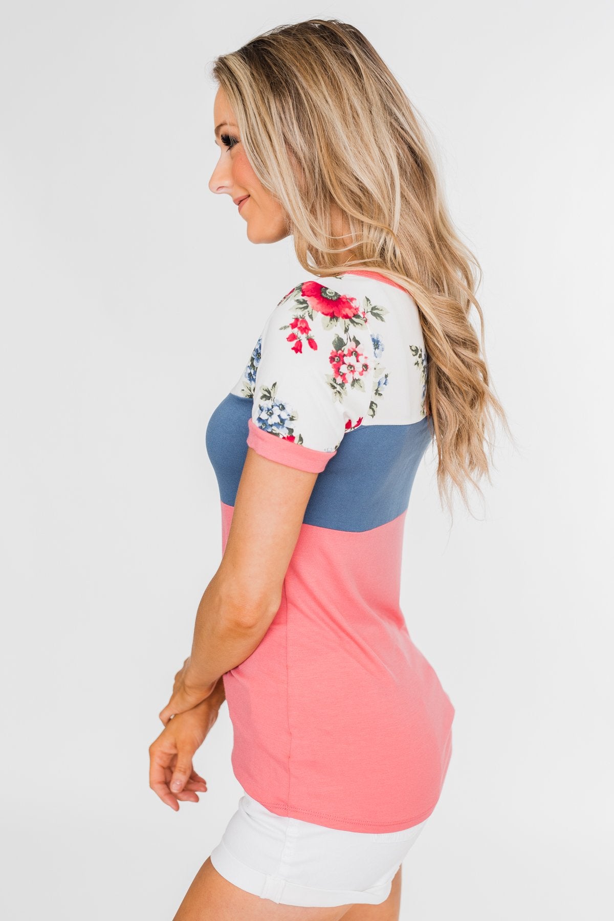 Color Block Short Sleeve Floral Top- Pink & Blue