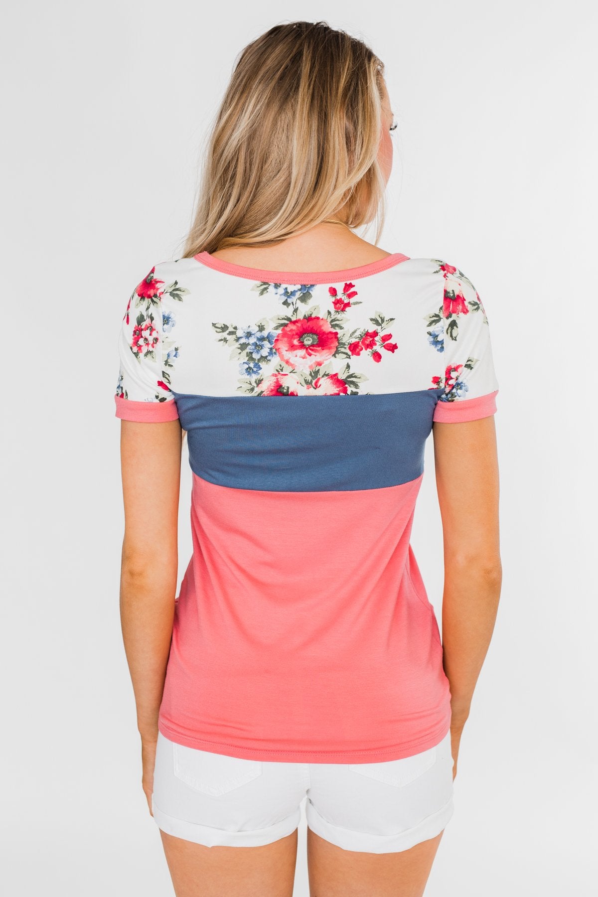Color Block Short Sleeve Floral Top- Pink & Blue