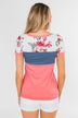 Color Block Short Sleeve Floral Top- Pink & Blue