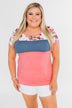 Color Block Short Sleeve Floral Top- Pink & Blue