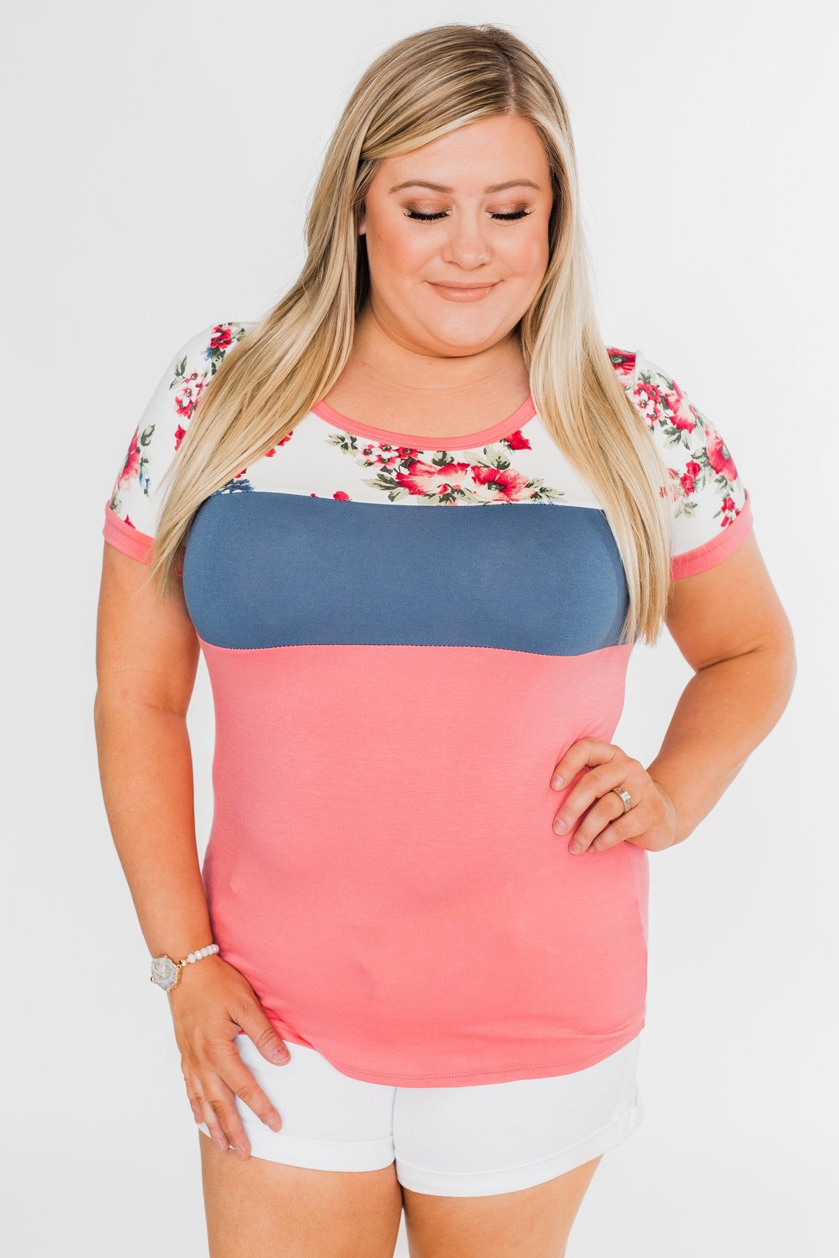 Color Block Short Sleeve Floral Top- Pink & Blue