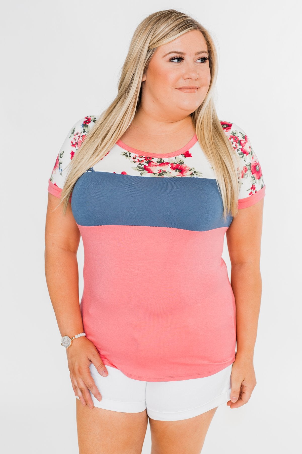 Color Block Short Sleeve Floral Top- Pink & Blue