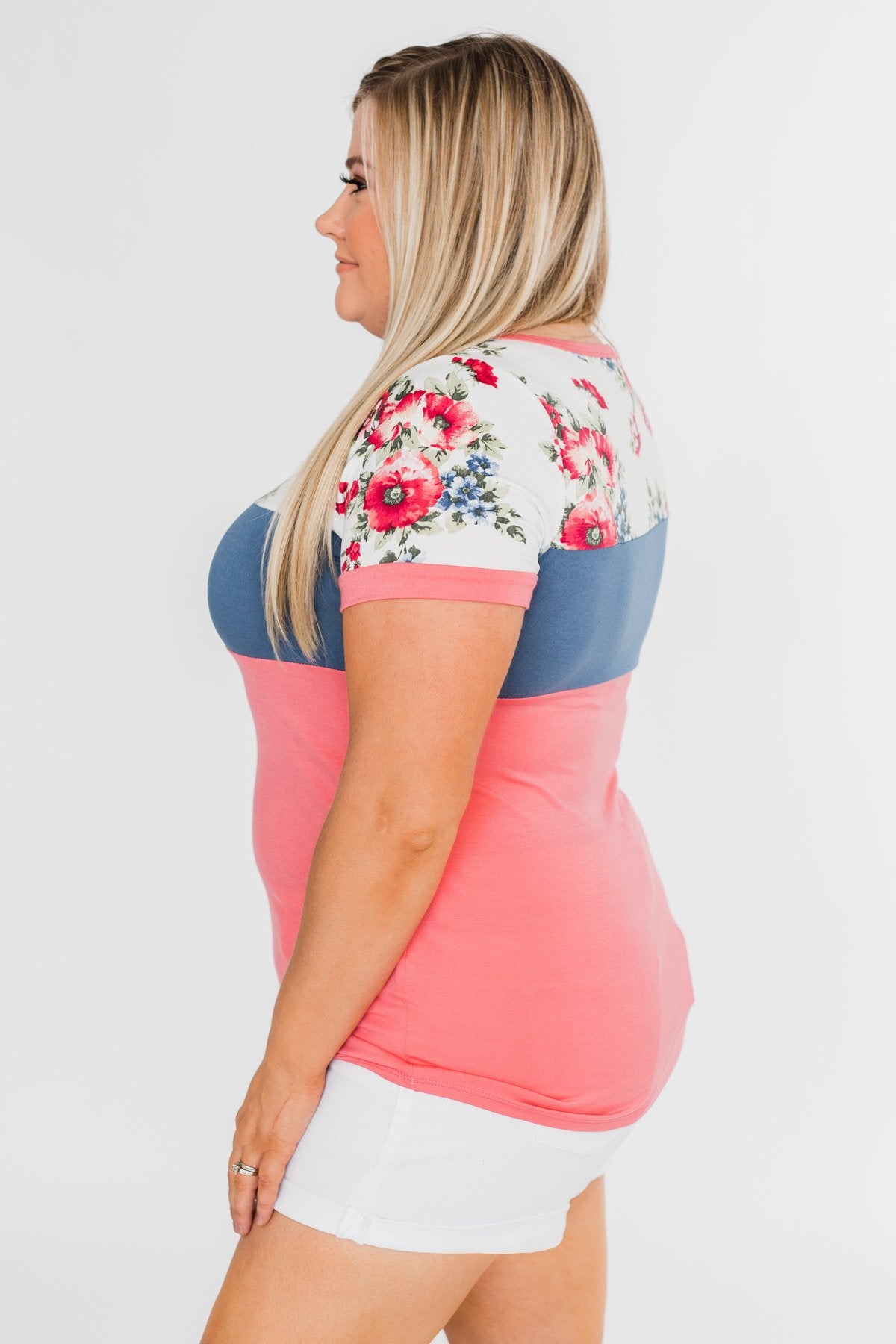 Color Block Short Sleeve Floral Top- Pink & Blue