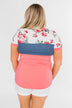 Color Block Short Sleeve Floral Top- Pink & Blue