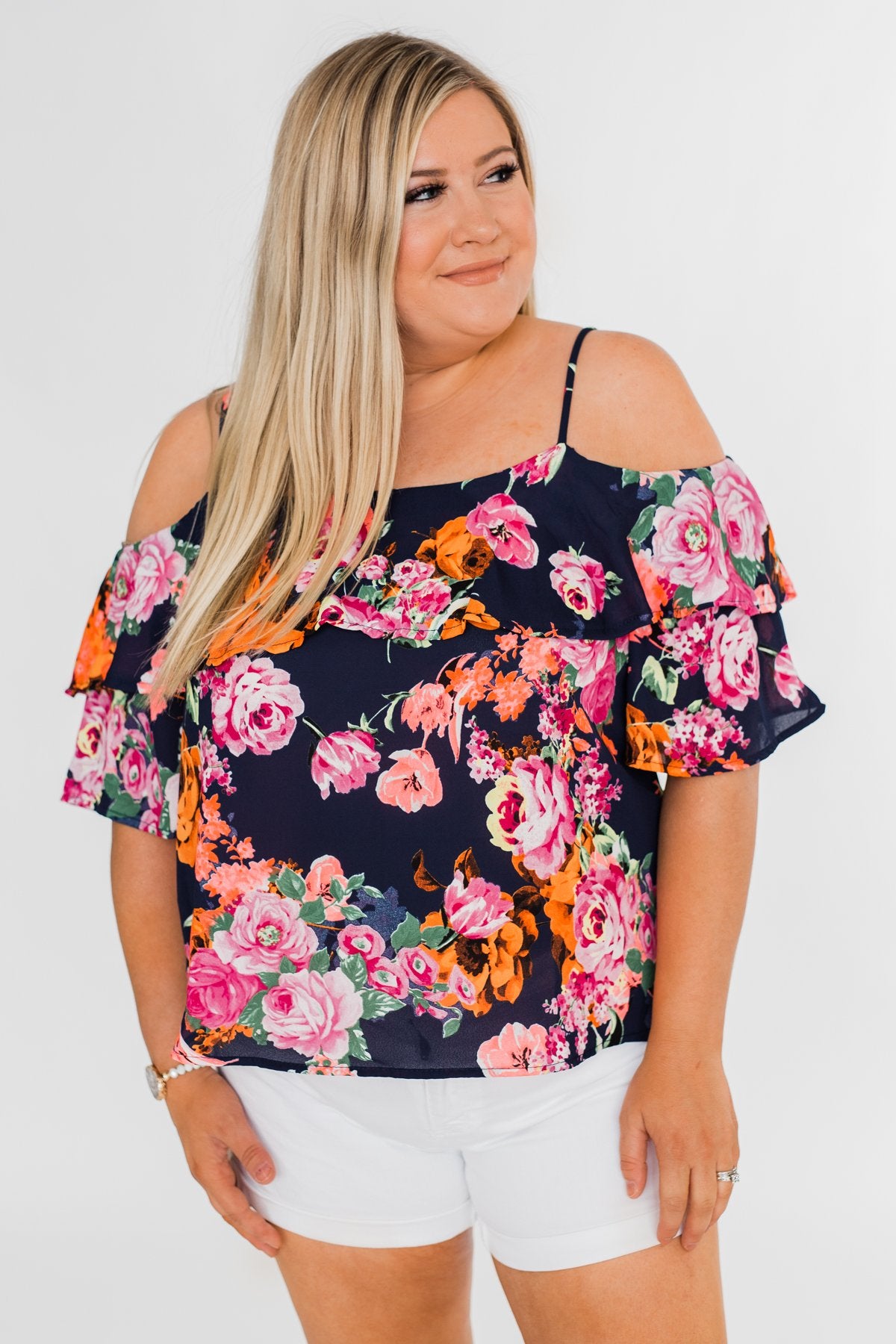 Always Dreaming Floral Cold Shoulder Top- Navy