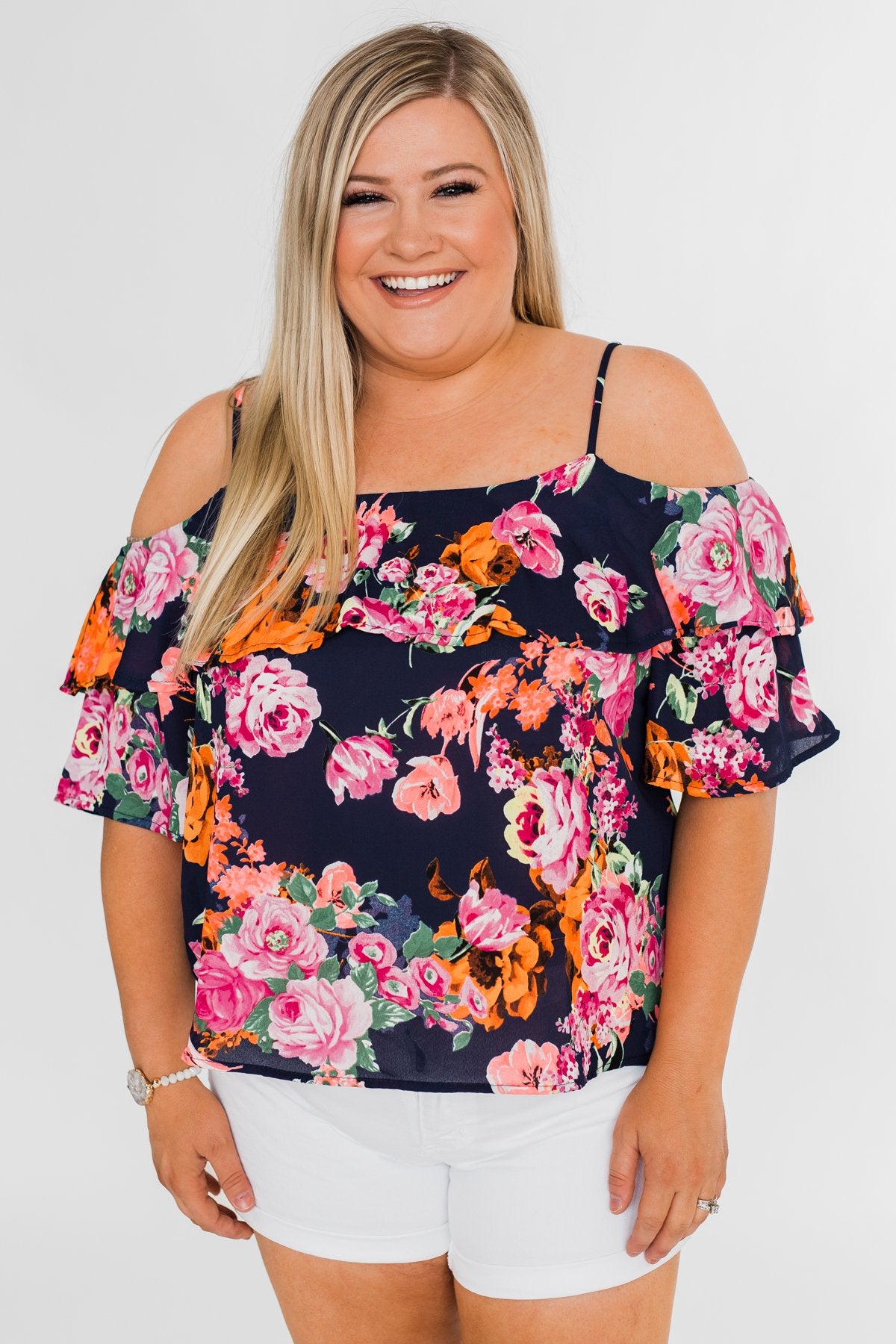 Always Dreaming Floral Cold Shoulder Top- Navy