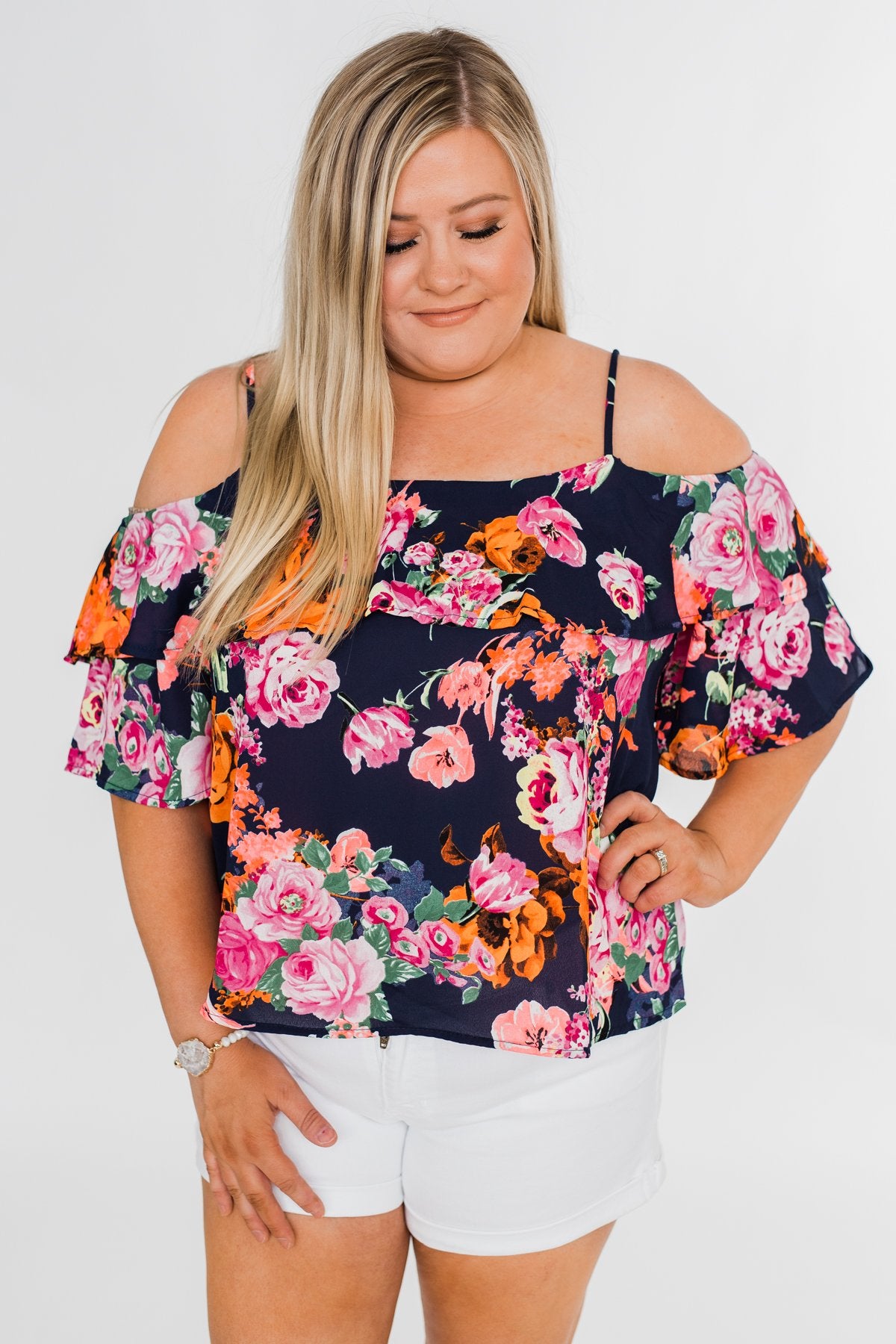 Always Dreaming Floral Cold Shoulder Top- Navy