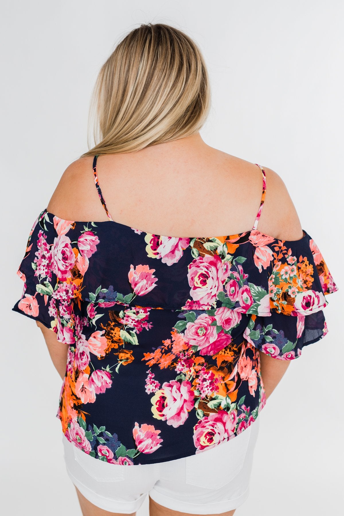 Always Dreaming Floral Cold Shoulder Top- Navy