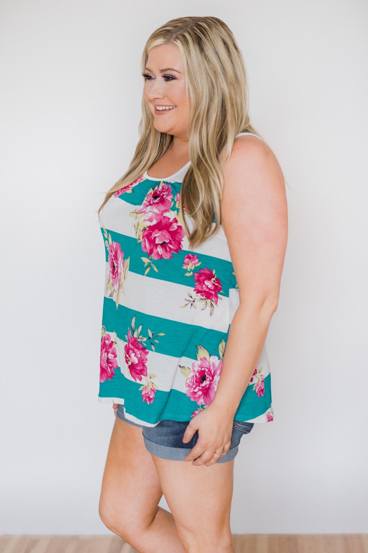 New Places To Be Floral & Striped Tank Top- Teal