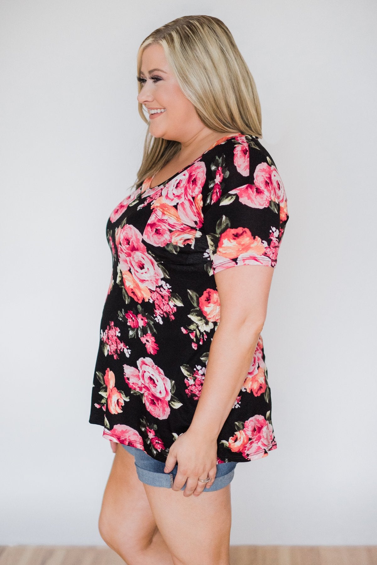 Attracted to You Floral V-Neck Pocket Top- Black