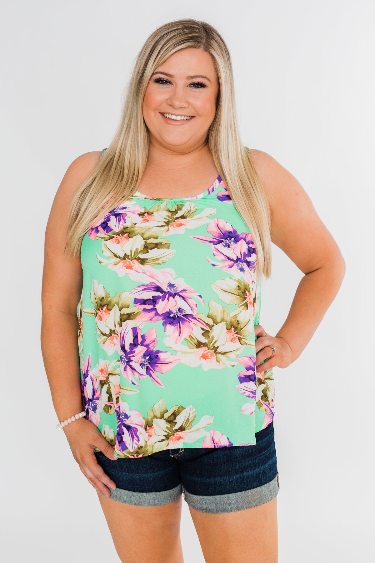 Another Day in Paradise Floral Tank Top- Bright Mint